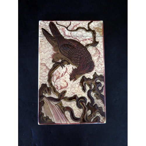 1058 - A Japanese Meiji Period Export Ivory Card case decorated with hawks, 109x69mm