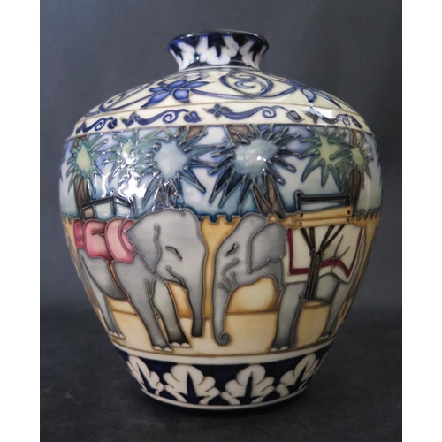 1184 - A Modern Moorcroft Kerala (Elephants) Vase, 8/6, Beverley Wilkes catalogue Trial, 2000, 17.5cm