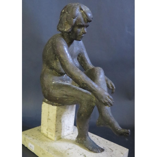 1201A - A Bronze Sculpture of A Seated Nude Lady on a limestone base, impress VR 1979, 33cm