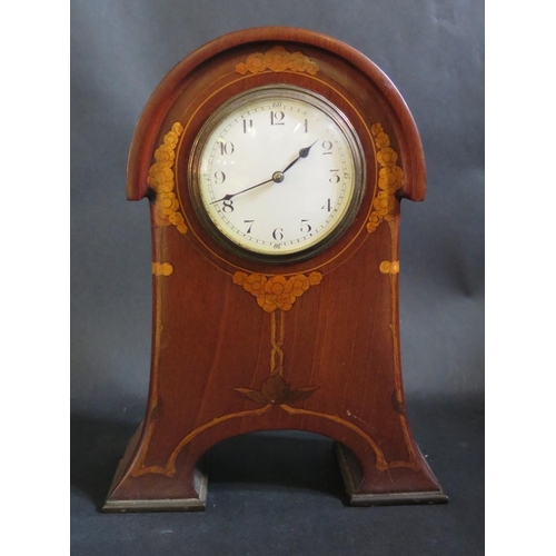 1223 - An Art Nouveau Mahogany and Foliate Inlaid Mantle Clock with French barrel movement, 17.5cm. Overwou... 