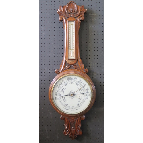 1235 - A Victorian Oak Cased Banjo Aneroid Barometer, 98cm