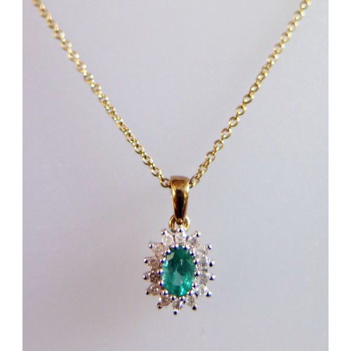 161 - A 9ct Gold, Emerald and Diamond Pendant Necklace, 2.7g