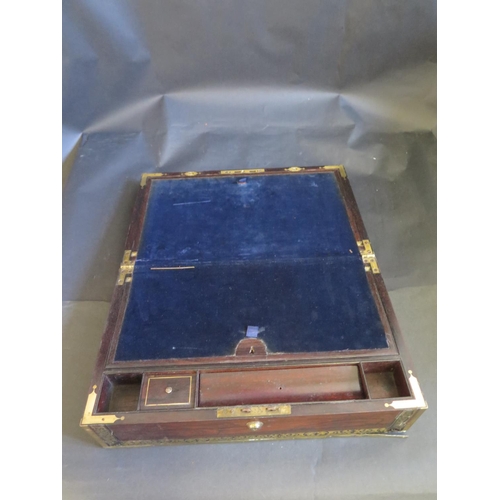 1456 - A Regency Rosewood and Brass Inlaid Writing Slope with inset handles, 'secret' compartment and Brama... 