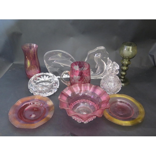 1516 - A Selection of Decorative Glass including cranberry, two Swedish crystal animal plaques, cut glass s... 