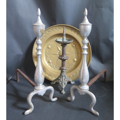 1539 - A Pair of Fire Dogs, pricket candlestick and brass charger