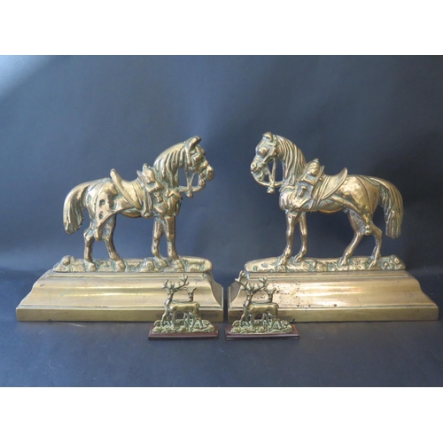 1554 - A Pair of 19th Century Brass Flatback Horse Ornaments (24cm) and pair of small brass deer