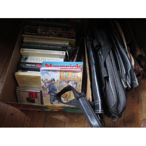 1590 - A Selection of Books and Computer Bags, tin bread and biscuit storage, plated tray, copper tray, pai... 