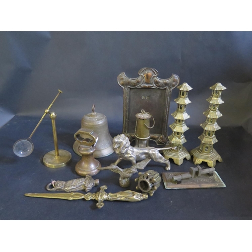 1593 - A Selection of Brass and other Metal Ware including a bell, pagoda ornaments, eagle, lion, owl, etc.