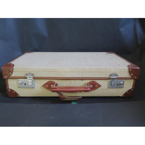 1600 - A Vintage Suitcase (Stamped Navy Suitcase Inside) and box of oddments including two Capodimonte figu... 