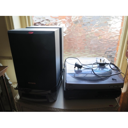 1601 - An Aiwa Stereo Turntable PX-E860 with Speakers and Hitachi video