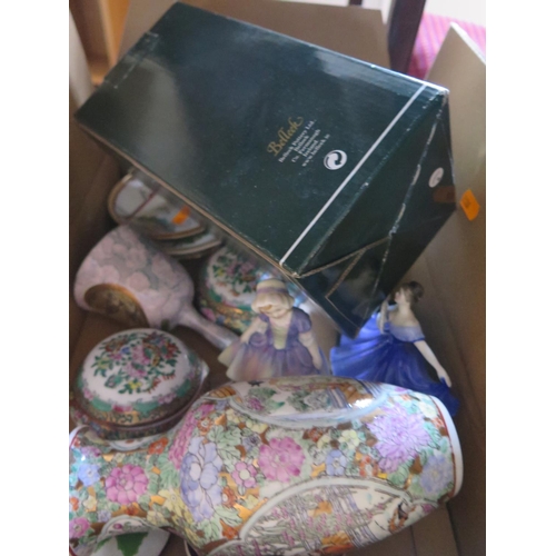 1622 - Two Boxes of Oddments including Royal Doulton Dinky Do and Elaine, modern Belleek vase, commemorativ... 