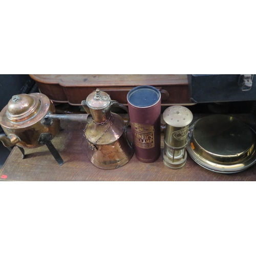 1643 - A Reproduction Brass Miner's Lamp, bed pan and two copper pots