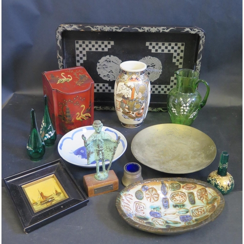 1658 - A Japanese Satsuma Vase, tin tea caddy, tray, enamel glass jug etc.