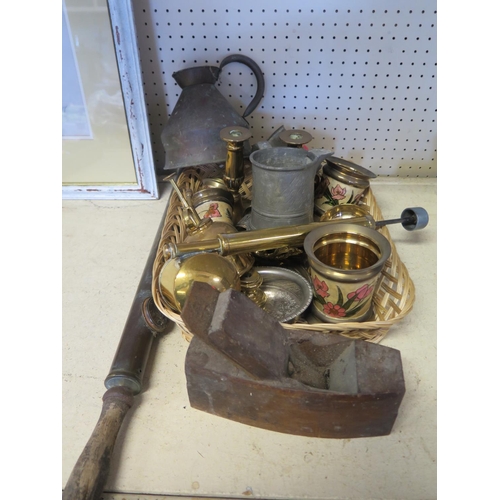 1659 - A Garden Spray and Syringe, other brass, copper jug, pewter mug, wood plane etc.