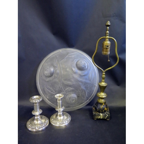 1687 - A Moulded Glass Plafonnier, 36cm diam. pair of loaded silver plated candlesticks (one sconce missing... 