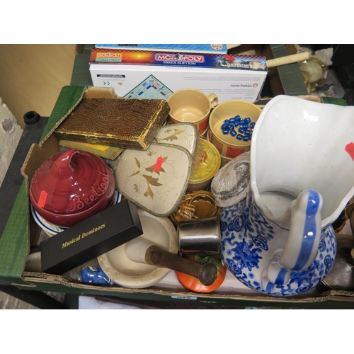 1703 - A Box of Oddments including blue and white jug, pestle and mortar, etc.