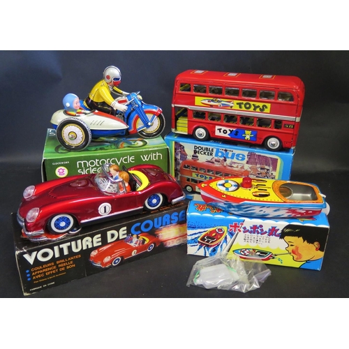 1786 - Four Chinese and Japanese Tinplate Toys in Boxes including Double Deck Bus, Voiture De Course etc.