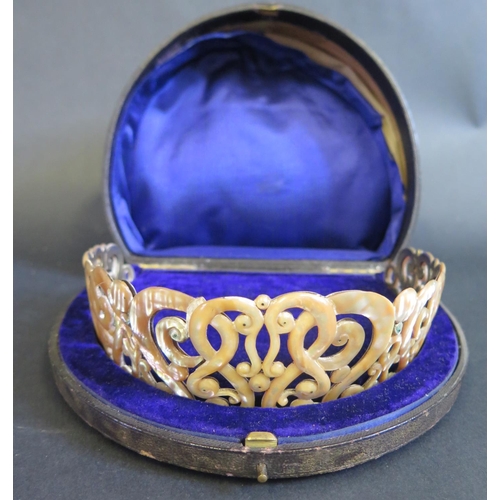 195 - A Victorian Cased Silver Gilt and Mother of Pearl Diadem, London 1892, HA, 123g. Sold together with ... 