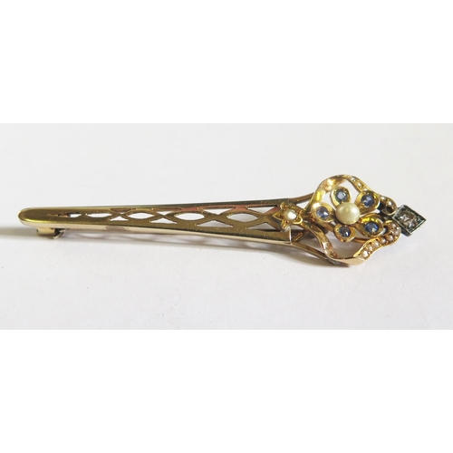 247 - A 14ct Gold, Sapphire, Pearl and Diamond Brooch, 63mm, 4.6g (repaired)