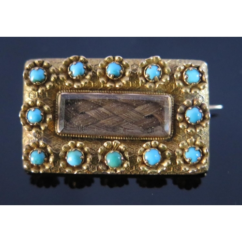 302 - A Georgian Gold and Turquoise Mounted Memorial Brooch set with panel of platted hair,28x17mm, 5.1g