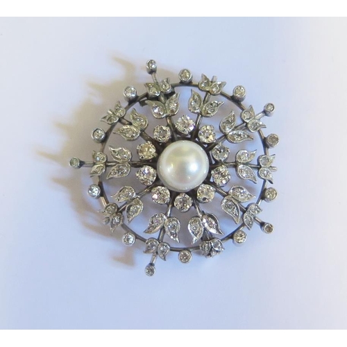 313 - A Victorian Pearl and Diamond Pendant Brooch in an unmarked precious white metal setting, pearl 8.5m... 