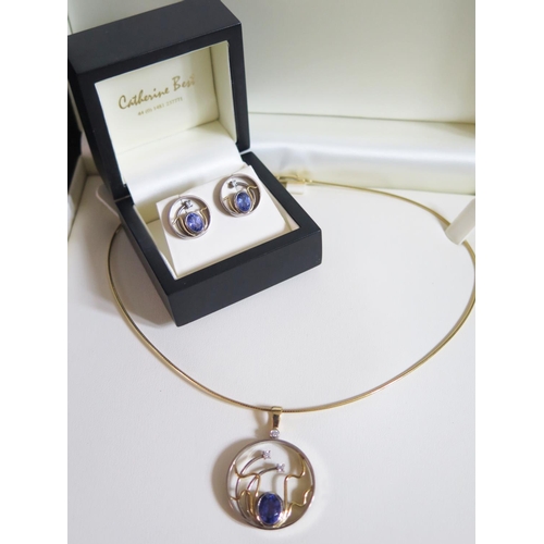 371 - An Early Vintage Catherine Best Tanzanite and Diamond Pendant Necklace with Matching Earrings  in 18... 