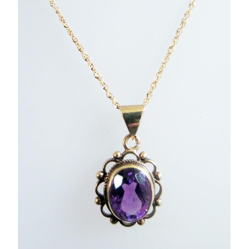 373 - A 9ct Gold Amethyst Pendant (23mm) on 51cm chain, 2.7g