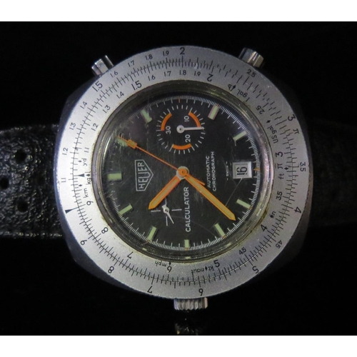 490 - An HEUER Automatic Calculator Wristwatch with Cal. 15 movement, fluorescent orange hands and rare or... 