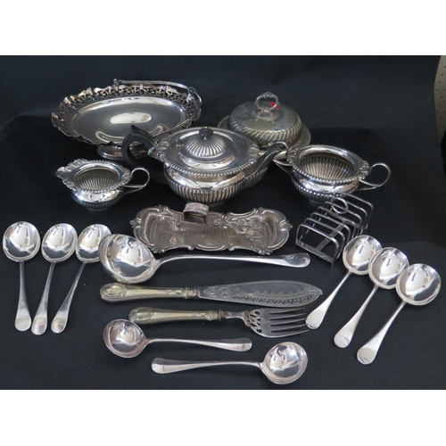 654a - A Selection of Silver Plate including three part tea set, candle snuffer with tray, etc.