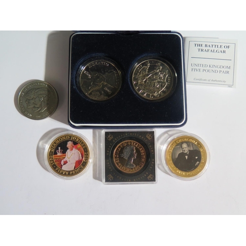 723 - A Westminster Royal Mint Cased Pair of The Battle of Trafalgar Five Pound Coins with COA and four ot... 