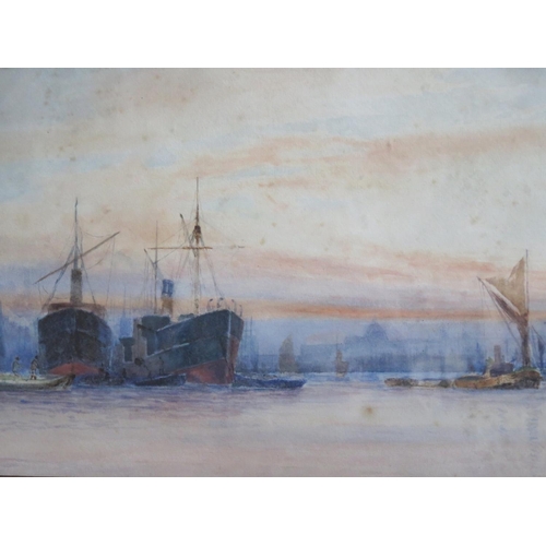 750 - Thames Shipping at Sunset, unsigned watercolour, 39x26cm, framed & glazed