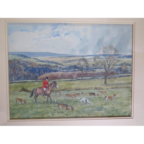 778 - Brain Rawling 77, The Hunt, watercolour, 45x35cm, framed and glazed, similarly sized print and a Chi... 