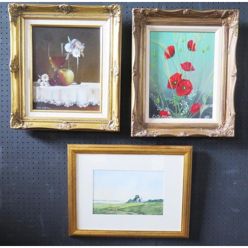 778c - Three Paintings including Jon Curtis Still Life oil on canvas 2x24cm framed, study of poppies oil on... 