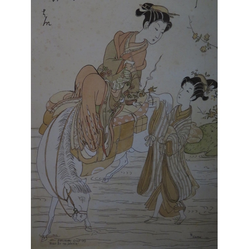 780 - Lea Gaston, after Harunobu, pair of watercolours, 55x37cm, mounted