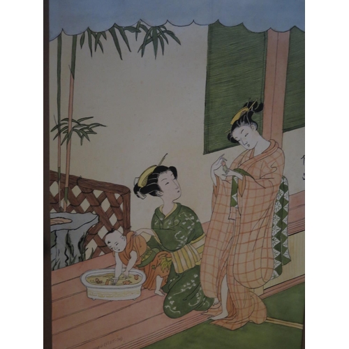 780 - Lea Gaston, after Harunobu, pair of watercolours, 55x37cm, mounted