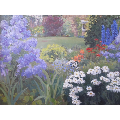 788 - Andrea Bates (nee Bartok), Cottage Garden, oil on board, 90x59cm, framed & glazed. LIBERTY headed pa... 