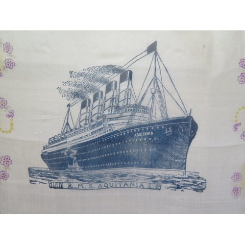 795 - R.M.S. AQUITANIA, printed silk handkerchief, 21.5x 22cm, framed & glazed