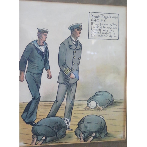 823 - King's Regulations, a pair of humorous Royal Navy prints, 23x18.5cm