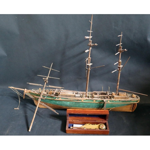 937 - A Wooden Model Ship, 55cm. A/F and reproduction boson's whistle in wooden case