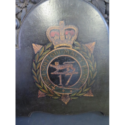 939 - An Antique Leicestershire Regiment 17th Battalion Carved and painted Oak Plaque, 49.5cm wide