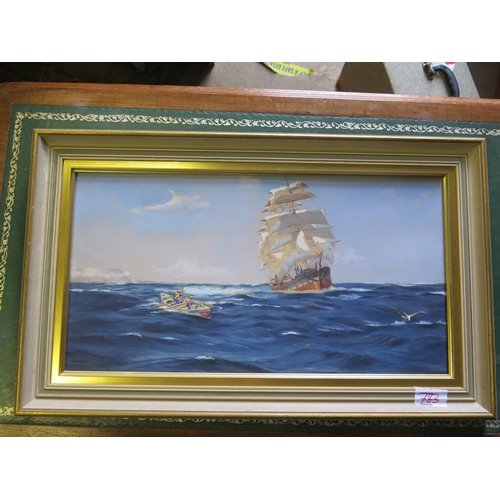 816 - Sailing Ship and Launch, Gouache on Board, 45 x 25cm, Framed, Label Verso