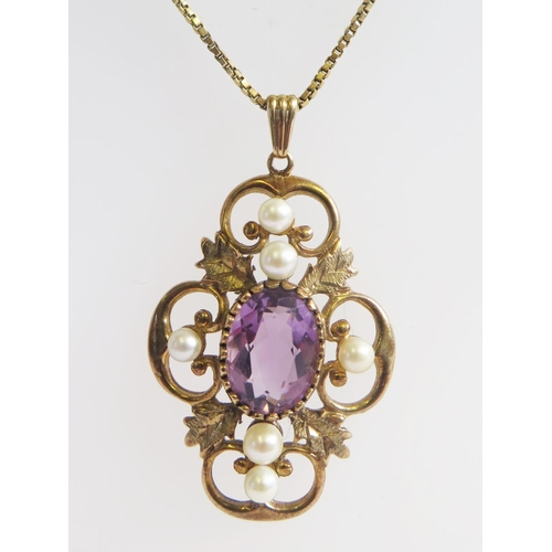 283 - A Large 9ct Gold, Amethyst and Pearl Pendant Necklace, 10.1g, c. 46mm drop