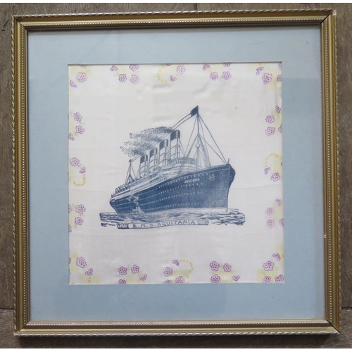 818 - R.M.S. AQUITANIA, printed silk handkerchief, 21.5x 22cm, framed & glazed