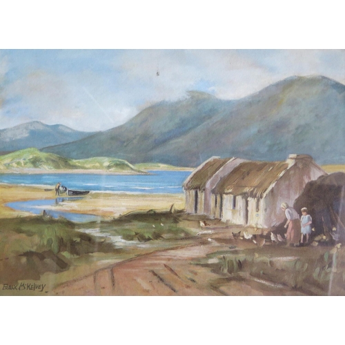 821 - After Frank Mkelvey, Mountain and Lake scene with Crofters Cottage in Foreground, Print with Overpai... 