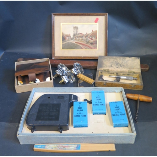 1488 - Boxed Projector De-Luxe, micrometer, playing cards, crystal door knobs, old lock plate with key, etc... 