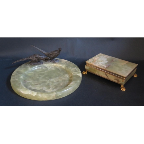 1490 - An Onyx Dish with applied cast bronze pheasants (A/F)(25cm diam.), onyx cigarette box and paraffin l... 