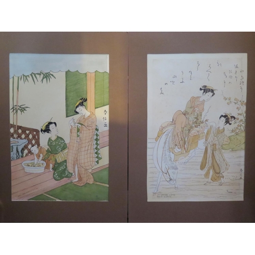 1493 - Lea Gaston, after Harunobu, pair of watercolours, 55x37cm, mounted