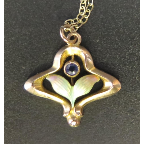 102 - A 9ct Enamelled Yellow Gold and Sapphire Pendant Necklace, 20mm wide, 1.7g