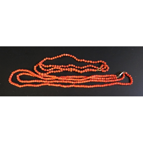 107 - A Georgian Twin Strand Coral Bead Necklace, 44cm long, 32g and one other 16.4g