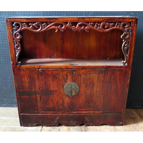 1457 - A Chinese Cabinet with shelf over and carved and pierced foliate decoration, 75(w)x75(h)x18(d)cm